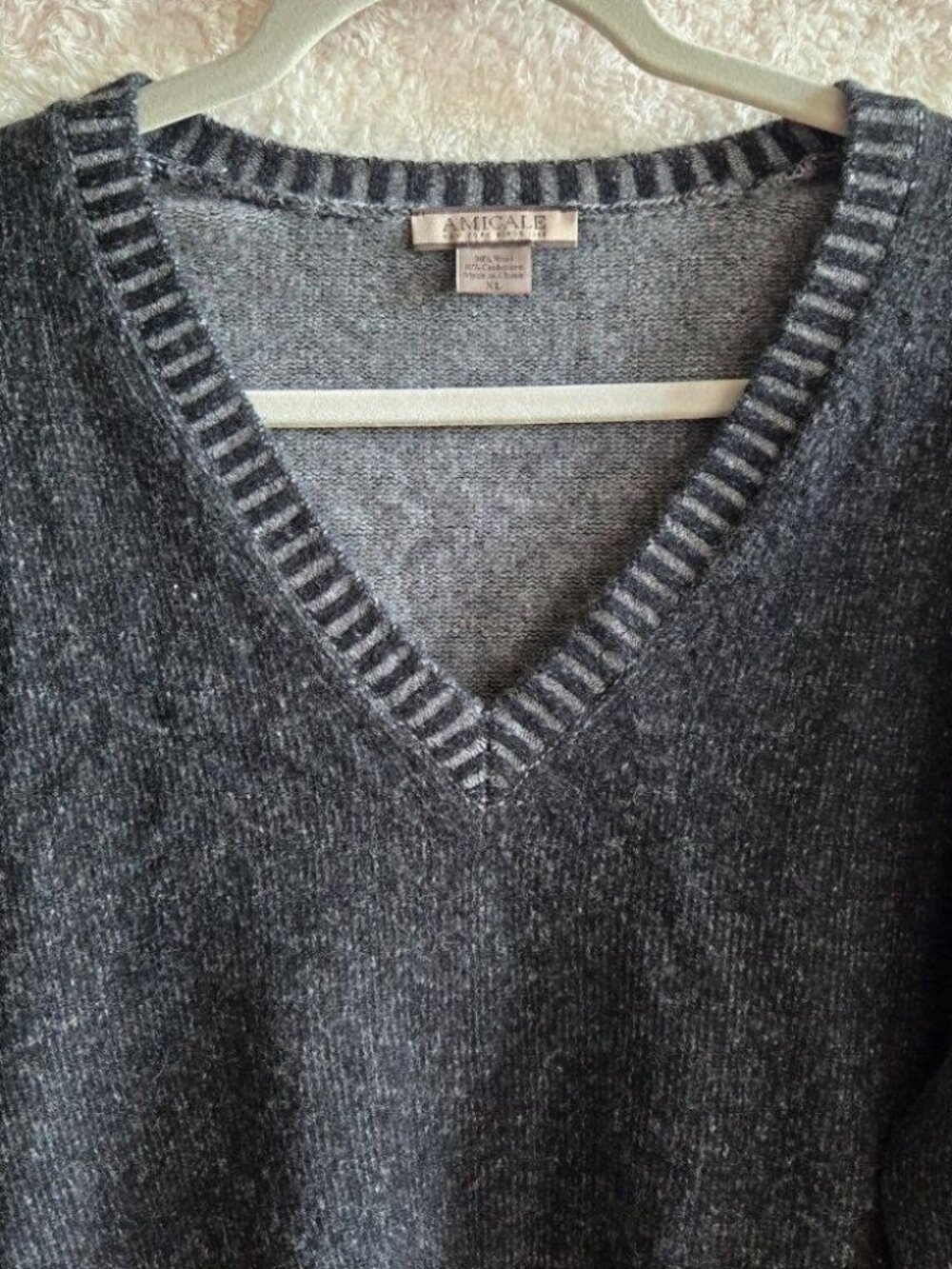 Amicale Wool & Cashmere V-Neck Sweater - Charcoal Gray- Striped Collar and Cuffs - Picture 3 of 5
